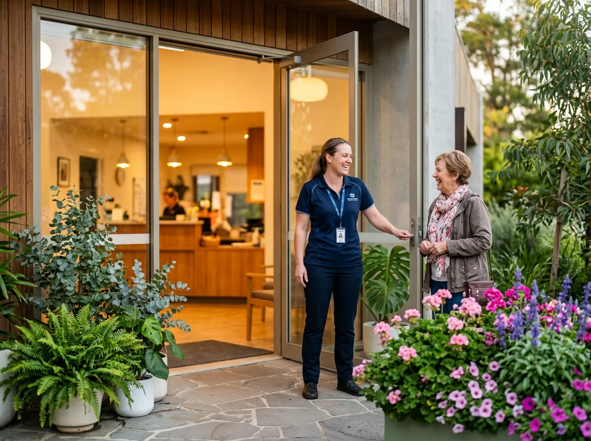 A welcoming community centre entrance with a staff member greeting a visitor